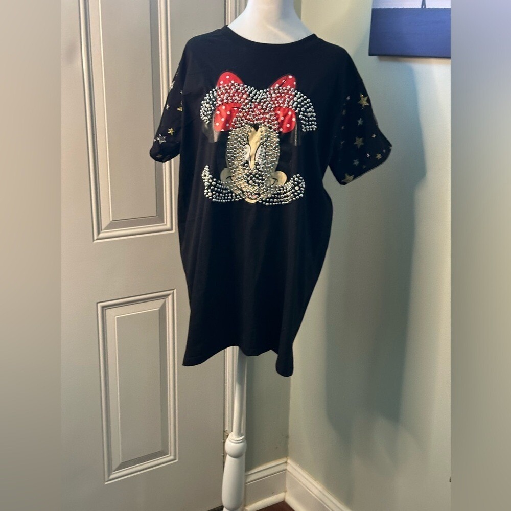 Black t-shirt dress featuring a rhinestone-studded Minnie Mouse design.
